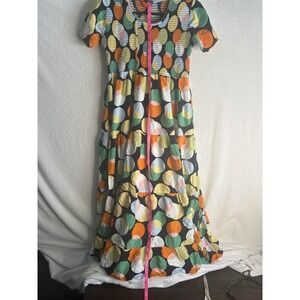 Minelli Womens Smocked Tiered Maxi Dress Abstract Polka Dot Short Sleeve Multi M